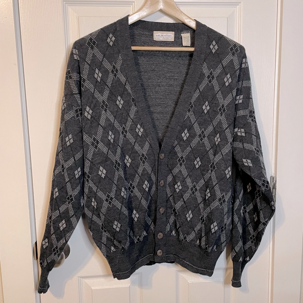 VTG Murano wool blend grey diamond plaid 1/2 button cardigan sweater sz L